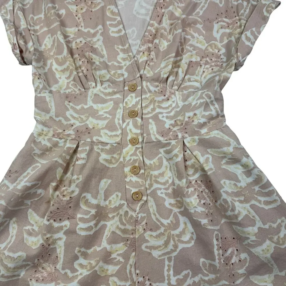 Zara Cotton Linen Floral Eyelet Feminine Cottage Romper Women's Size XS